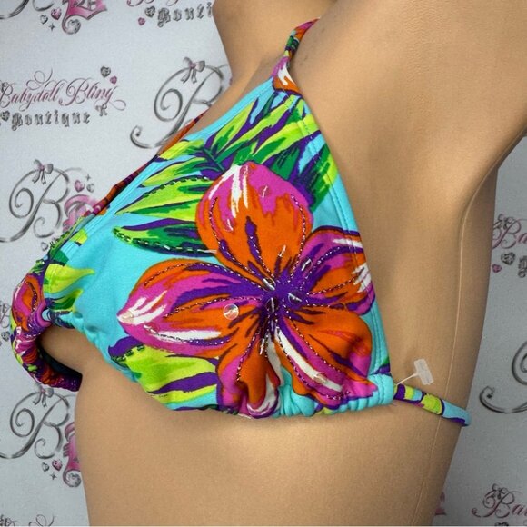 xhilaration bikini top beaded tropical neon flowers beach swimming tie up bright - Picture 4 of 9